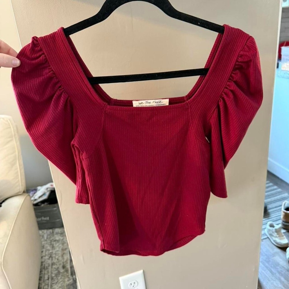 We The Free Burgundy Red Square Neck Round Hem Puffed Sleeve Top Size XS